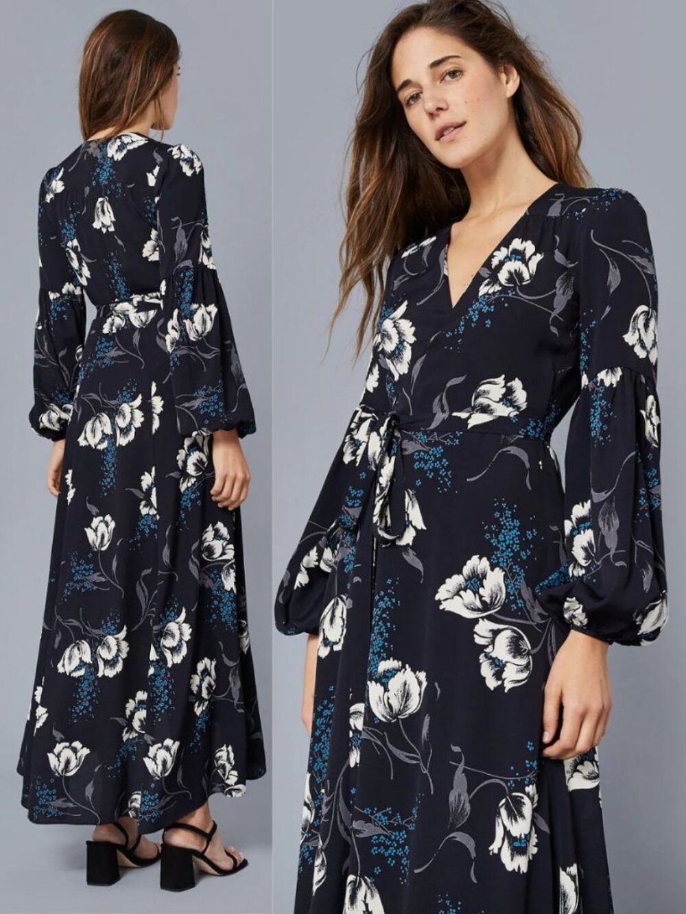 Christy Dawn Bergen‎ Midnight Floral Dress Wrap Black Blue Maxi Size S